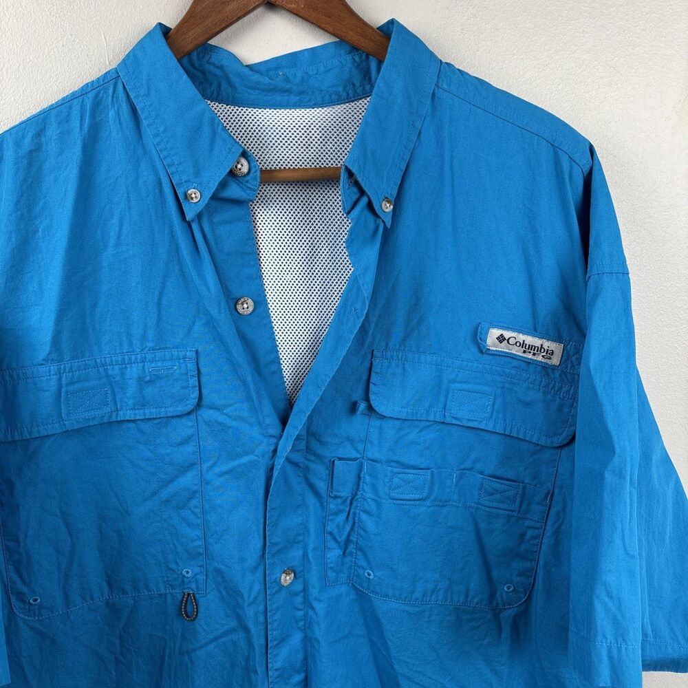Columbia PFG Shirt Button Down Short Sleeve Performance Men 2XL 52” Blue Vented